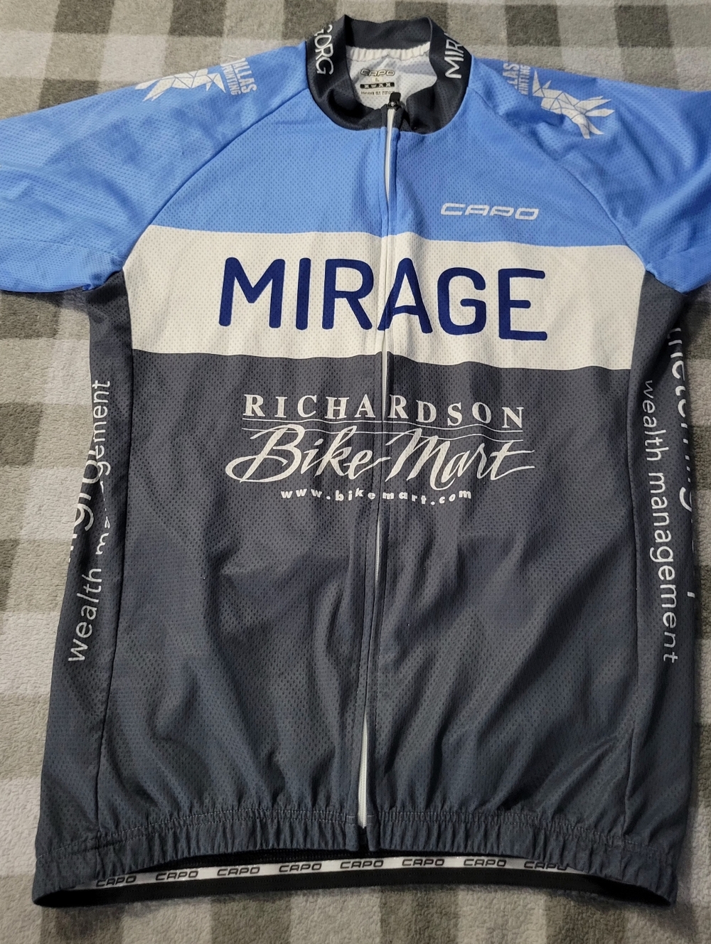 Capo Men's Cycling Jersey Blue and Gray Black Zippered Front Mirage Size L